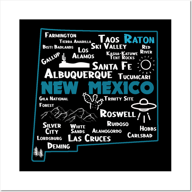 Cute map of Raton New Mexico Albuquerque Map Santa Fe Los Alamos, Taos,Roswell Las Cruces Deming Carlsbad Silver City Wall Art by BoogieCreates